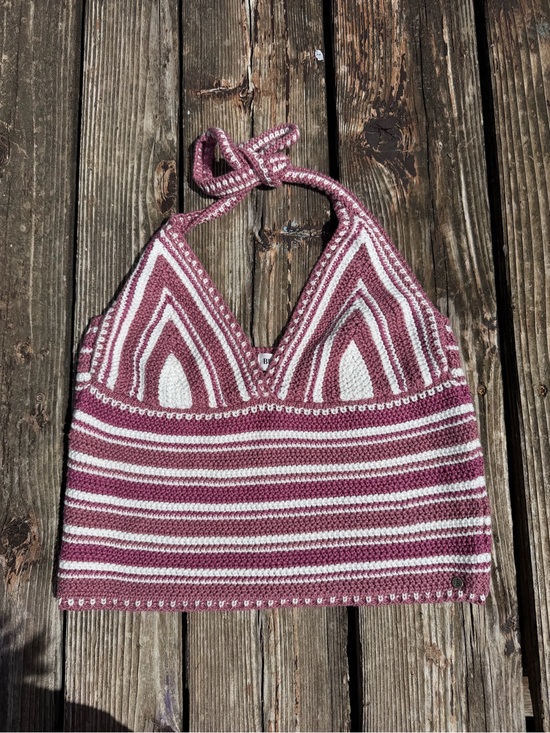 BROWNIE Tops - Boho Crochet Halter Knit Tank Top – Purple & White Striped